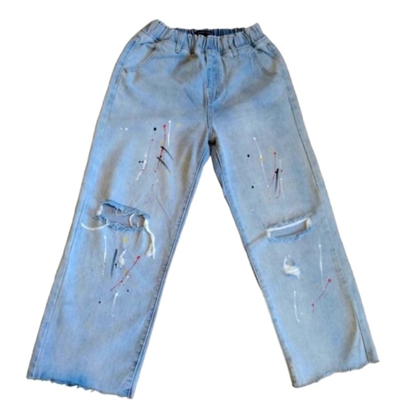 Grace Chow Jeans Size 8 WIDE LEG Distressed Painted Straight  Baggy 100% Cotton - Picture 1 of 16